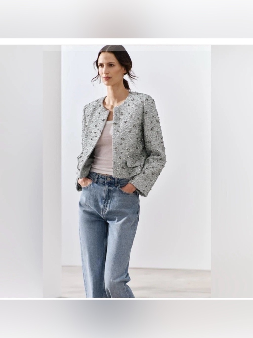Zara ZW Collection Sequin Jacket in silver size small NWT